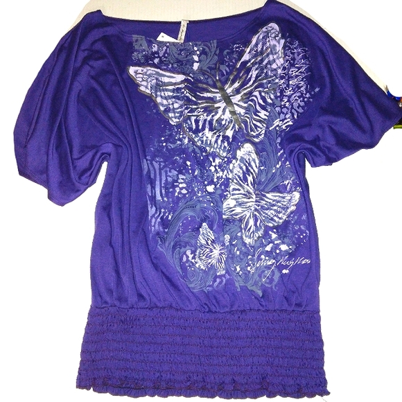 ☆NWT☆Gorgeous Plus Size Mi Manchi Royal Purple Silver Metallic Butterfly Blouse☆ - Picture 2 of 15